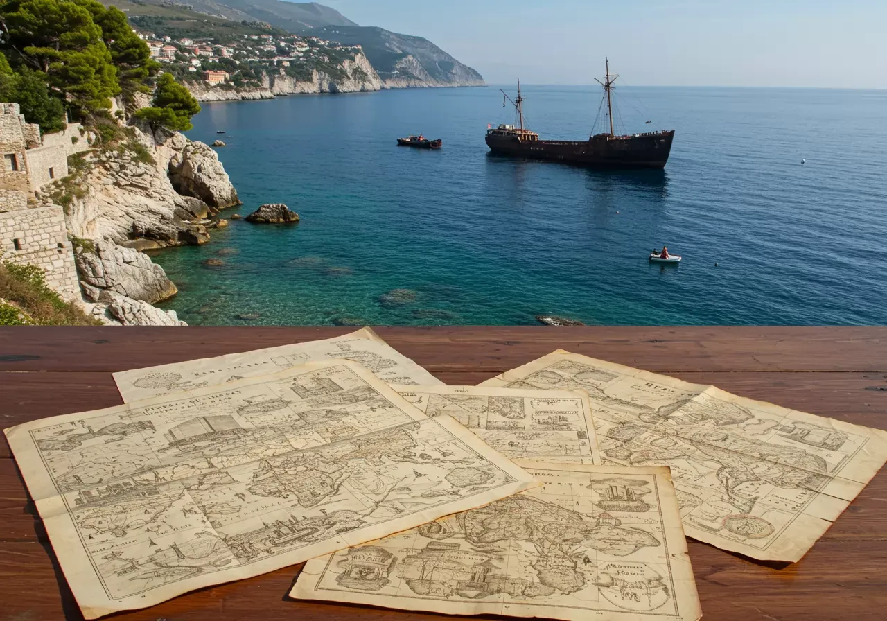 Na dřevěném stole jsou rozloženy historické dokumenty a mapy, zatímco v pozadí je pobřeží Jadranu s vrakem lodi San Marco u břehu.