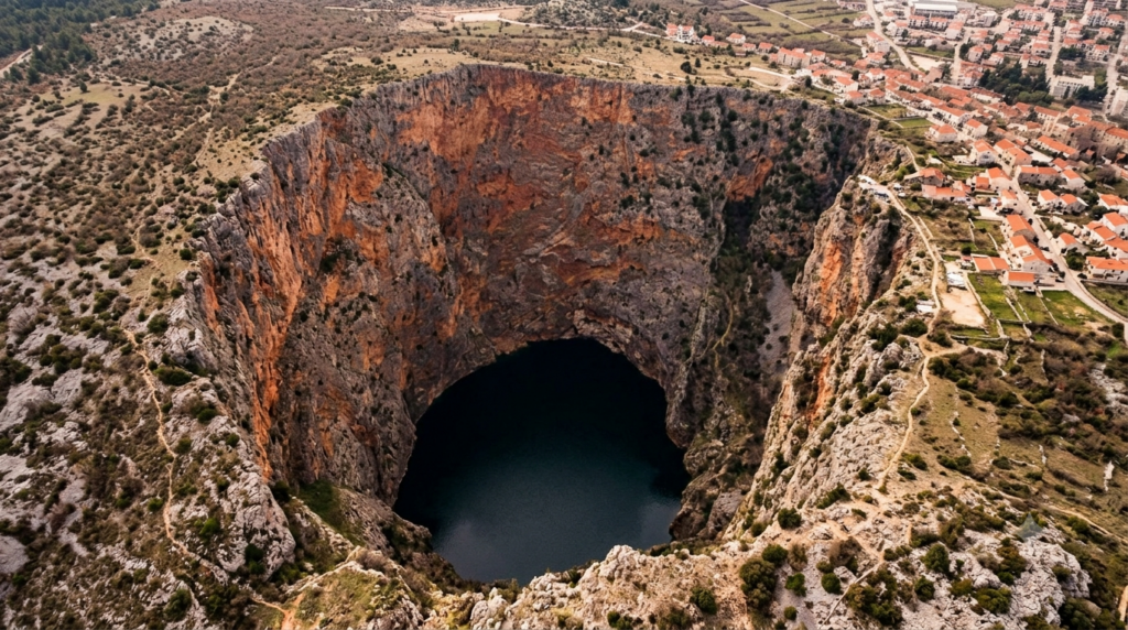Letecký pohled na Červené jezero u Imotski se strmými červenavými skalními stěnami a temnou vodní hladinou v hluboké propadlině.