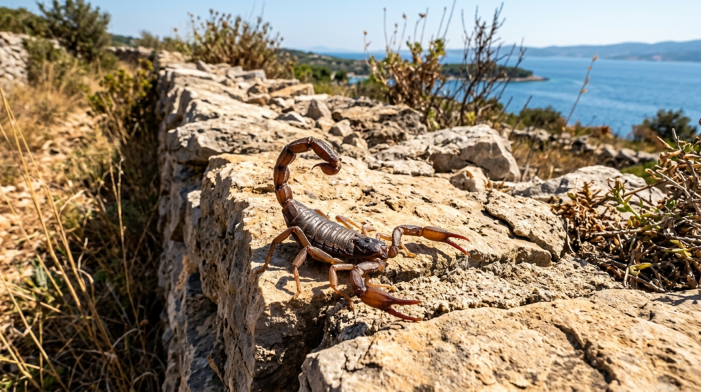 Chorvatský štír rodu Euscorpius odpočívající na suché kamenné zídce poblíž Jaderského moře, s patrnými klepety a ocasem.