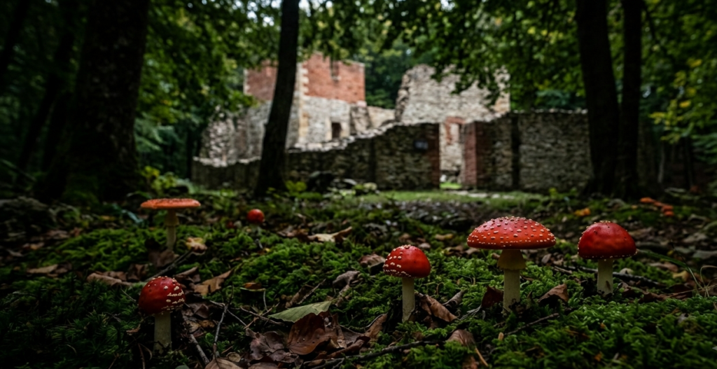 Jasně červené houby na temné lesní půdě poblíž zřícenin Medvedgradu v náladovém světle, motiv spojený s pověstí o čarodějnicích.