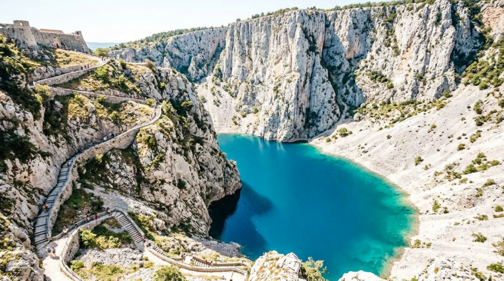 Pohled na hlubokou modrou hladinu Modrého jezera v Imotski, obklopenou strmými vápencovými útesy a serpentinami vedoucími dolů k vodě.