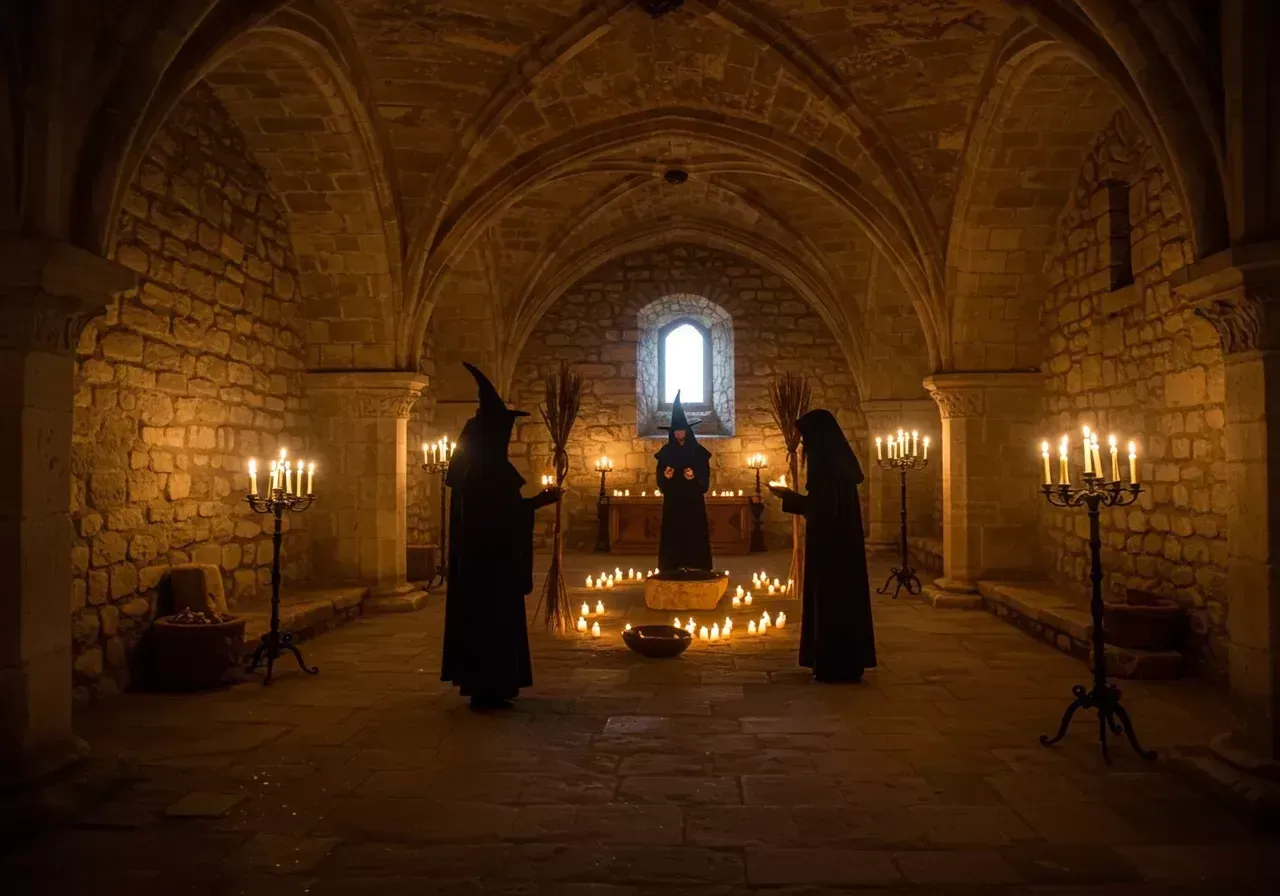 Na obrázku je starověná kamenná komora uvnitř hradu Medvedgrad, slabě osvětlená svíčkami, ve které temné postavy čarodějnic provádějí rituál.