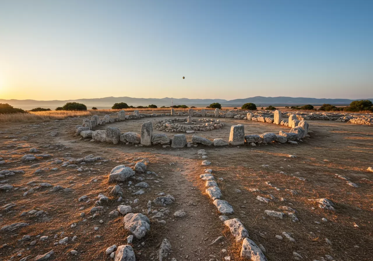 Na obrázku je archeologické naleziště na ostrově Pag s prehistorickým kamenným kruhem, který je částečně zarovnán se východem slunce během letního slunovratu a je obklopený suchým, členitým terénem pod jasnou ranní oblohou.