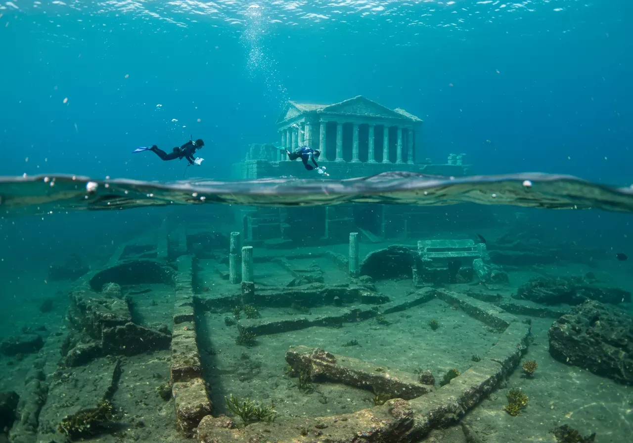 Na obrázku je fotorealistická podvodní scéna ve formátu 4:3, kde archeologové objevují zatopené zbytky římských přístavů, vil a chrámů, s detailními starověkými ruinami a mořským životem.