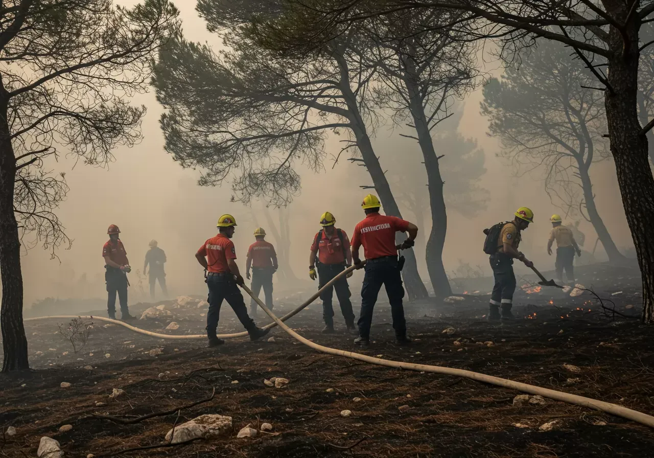 Na obrázku jsou stateční chorvatští dobrovolní hasiči v zakouřeném lese poblíž Makarské a ostrova Brač, jak používají lopaty a hadice mezi žhnoucími uhlíky a hustým kouřem, zatímco bojují s požárem v ohořelých olivových hájích a borovicích a jsou viditelně vyčerpaní.