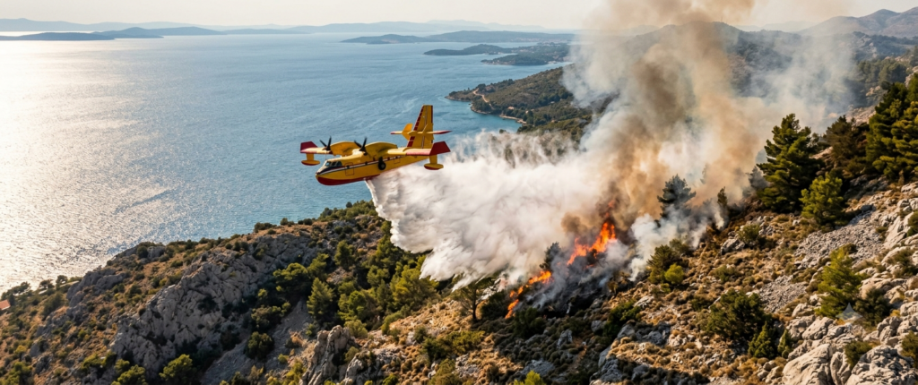 Široký letecký záběr žlutého Canadairu CL-415, který shazuje vodní clonu na požár na skalnatém dalmatském svahu nad jadranským pobřežím.