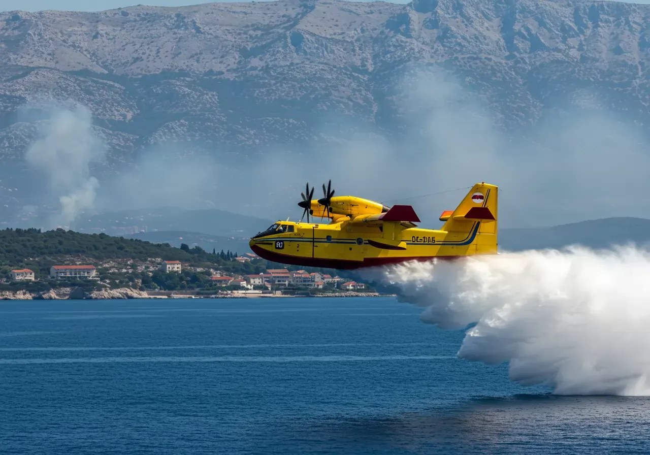 Na obrázku je žluté hasičské amfibijní letadlo Canadair CL-415, které nízko letí nad modrou vodou Jaderského moře u chorvatského pobřeží a nabírá vodu, přičemž v pozadí jsou kouřové sloupy a horský terén.