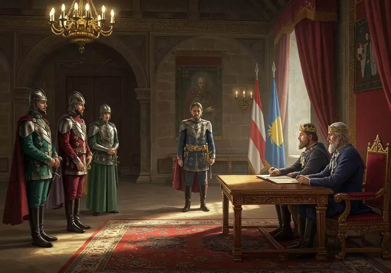 Na obrázku je fotorealistická krajina v poměru 4:3 o rozlišení 640x480 zobrazující krále Tomislava v královské síni, přijímajícího vyslance a podepisujícího smlouvu, což symbolizuje mír a sjednocení.
