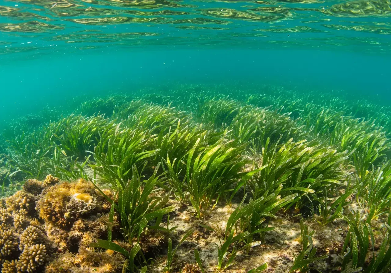 Na obrázku je fotorealistická krajina podmořských středomořských luk s bohatými listy Posidonia oceanica jemně vlajícími ve vodě, sluneční světlo prosvítá skrz tyrkysovou vodu a kolem mořské trávy se pohybuje živý mořský život.