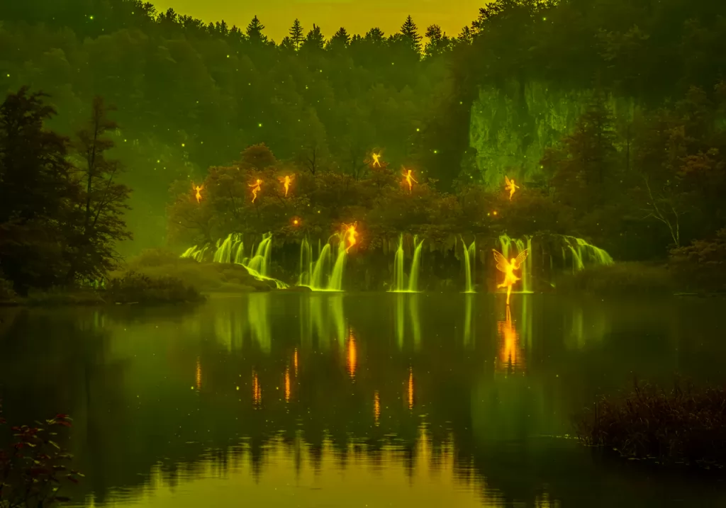 Na obrázku je fotorealistická krajina ve formátu 4:3 o rozlišení 640x480 zobrazující kouzelnou soumrakovou scénu u Plitvických jezer s třpytivými odrazy na vodě a slabě zářícími vílami tančícími mezi mlhou a stromy.