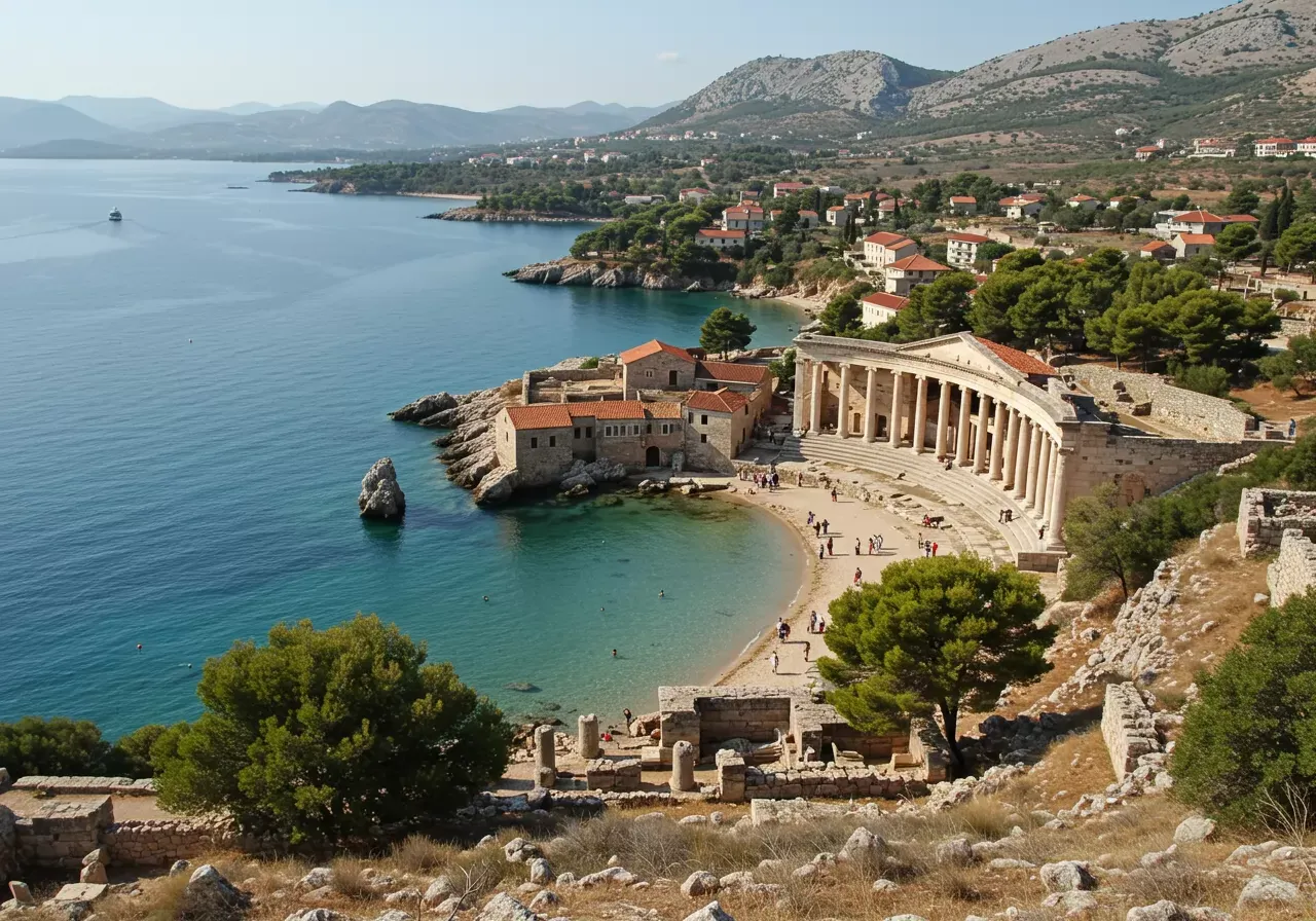 Na obrázku je fotorealistická krajina zobrazující starověké římské kolonie a přístavy na území dnešního Chorvatska, s důrazem na Salonu, Iader (Zadar) a Naronu u Metkoviće, včetně římské pobřežní architektury.