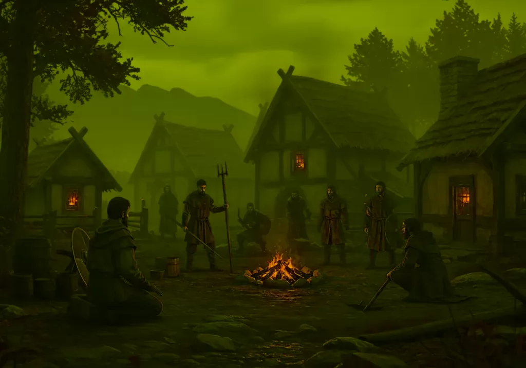 Na obrázku je fotorealistická krajina středověké vesnice na ostrově za soumraku, kde jsou vesničané shromážděni kolem ohně s napjatými výrazy, připravující se bránit proti vlkodlakům.
