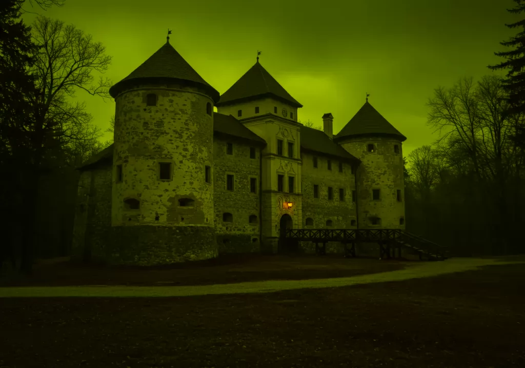 Na obrázku je fotorealistický exteriér hradu Veliki Tabor za soumraku s tajemnou a ponurou atmosférou v poměru stran 4:3 a rozlišení 640x480.