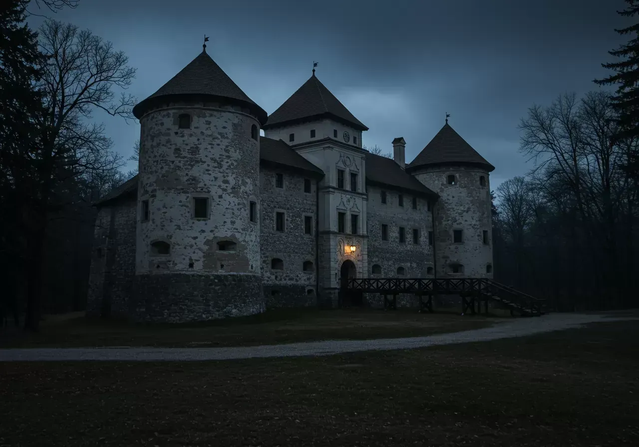 Na obrázku je fotorealistický exteriér hradu Veliki Tabor za soumraku s tajemnou a ponurou atmosférou v poměru stran 4:3 a rozlišení 640x480.