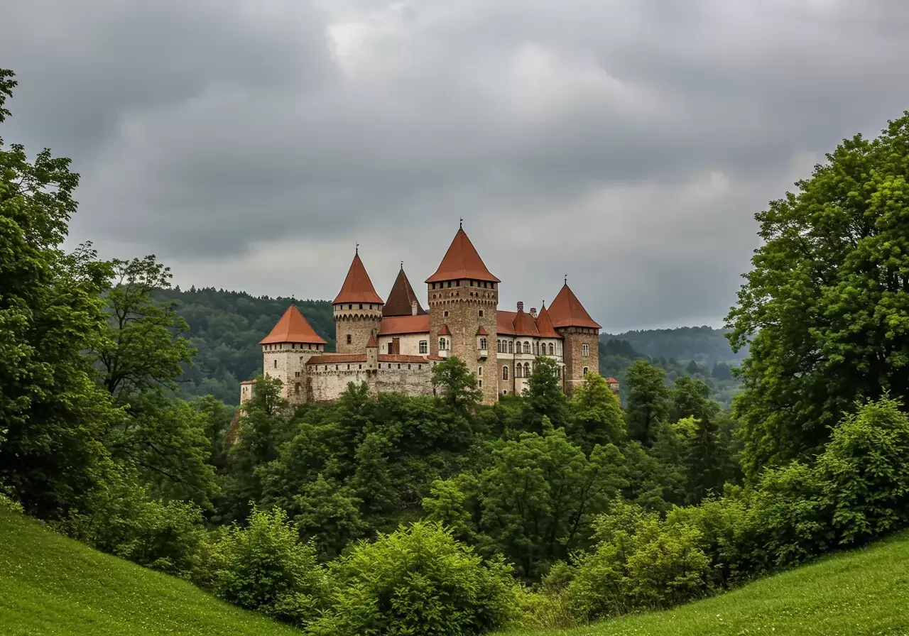 Na obrázku je fotorealistický obraz krajiny ve formátu 4:3 zobrazující středověký hrad Veliki Tabor obklopený bujnou zelení pod zataženou oblohou.