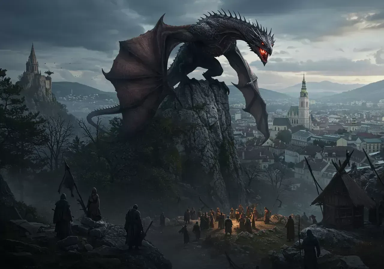 Na obrázku je fotorealistický obraz krajiny v poměru 4:3 zobrazující zuřivého draka s tmavými šupinami a zářícíma očima sedícího na skalnatém útesu s výhledem na město Záhřeb, pod nímž se shromáždili vesničané v úžasu.