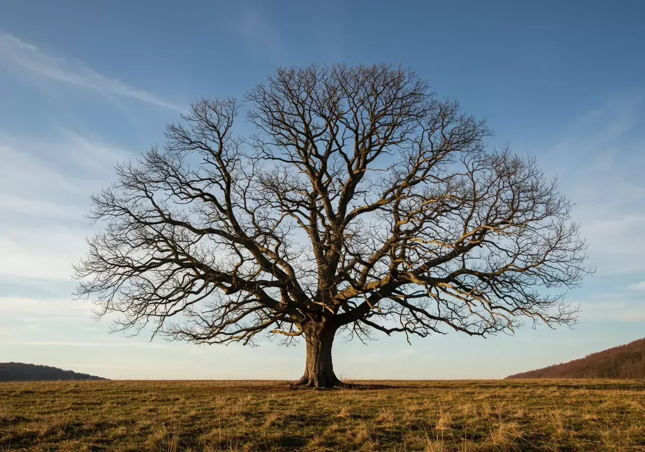 Na obrázku je fotorealistická krajina formátu 4:3 o rozlišení 640×480 zobrazující suchý dub z oblasti Gorský Kotar.