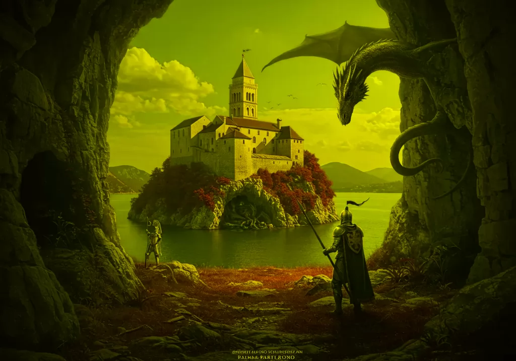 Na obrázku je fotorealistická krajina ve formátu 4:3 s rozlišením 640×480, která zobrazuje hrad Pazin, rytíře a draka skrytého v propasti.