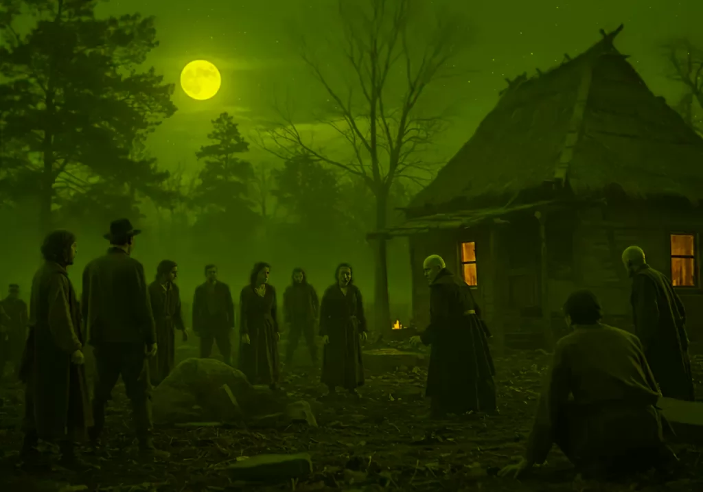 Na obrázku je fotorealistická krajina ve formátu 4:3 o rozlišení 640x480, kde vyděšení vesničané se připravují konfrontovat upíra Jureho Granda na jeho hrobě blízko jeho vesnického domu pod měsícem osvětlenou oblohou.