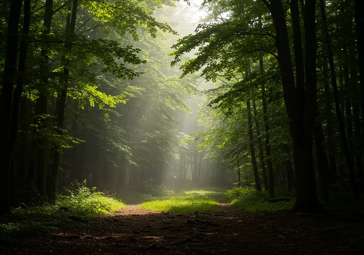 Na obrázku je fotorealistická krajina ve formátu 4:3 s rozlišením 640x480 zobrazující hustý les obklopující mizící vesnici Blace, kde šeptající větry procházejí vysokými stromy a stíny vrhají tajemné tvary.