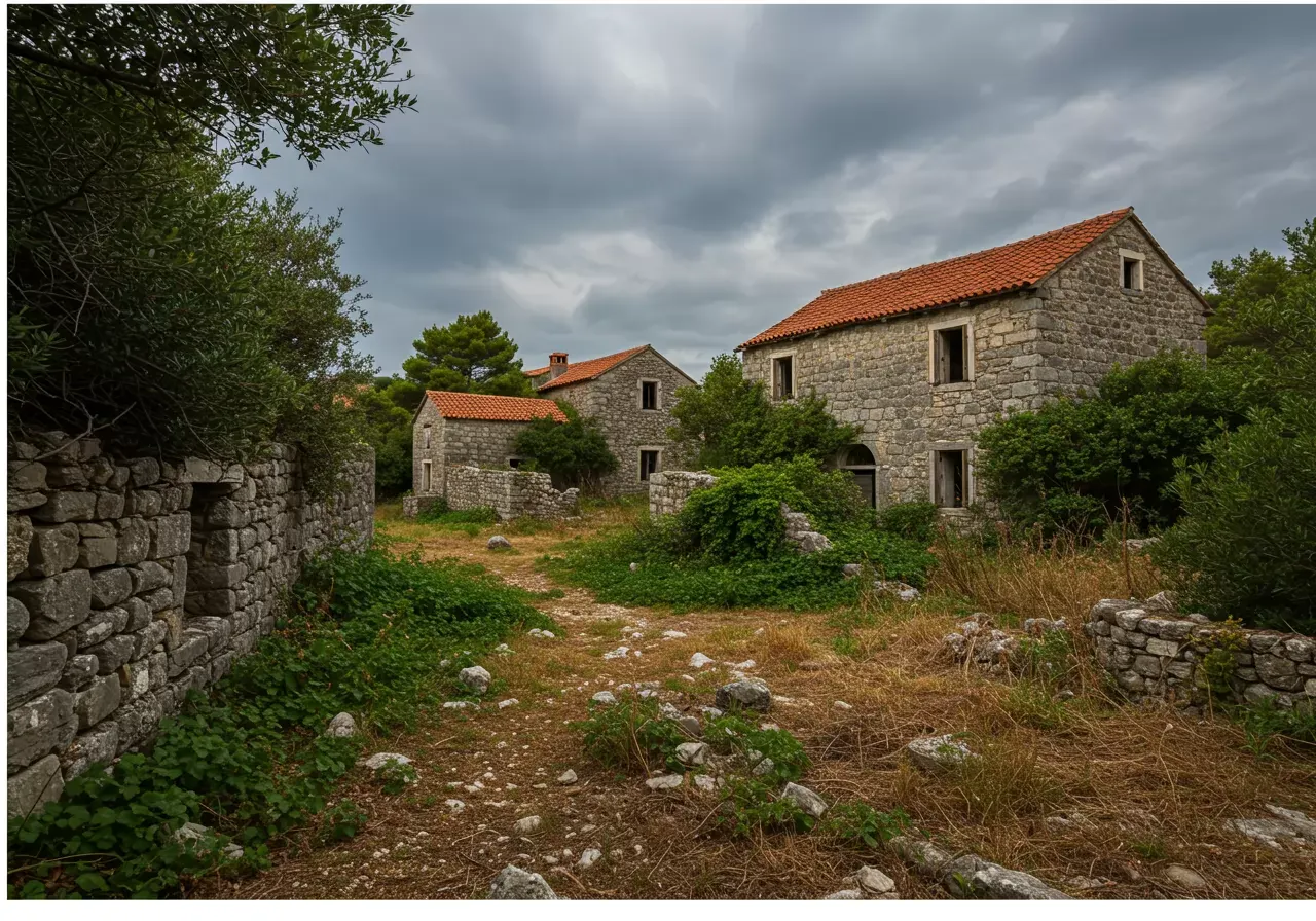 Na obrázku je fotorealistická krajina ve formátu 4:3 s rozlišením 640x480 zobrazující opuštěnou vesnici Blace na ostrově Mljet, kde jsou staré kamenné domy přerostlé vegetací pod zataženou oblohou.