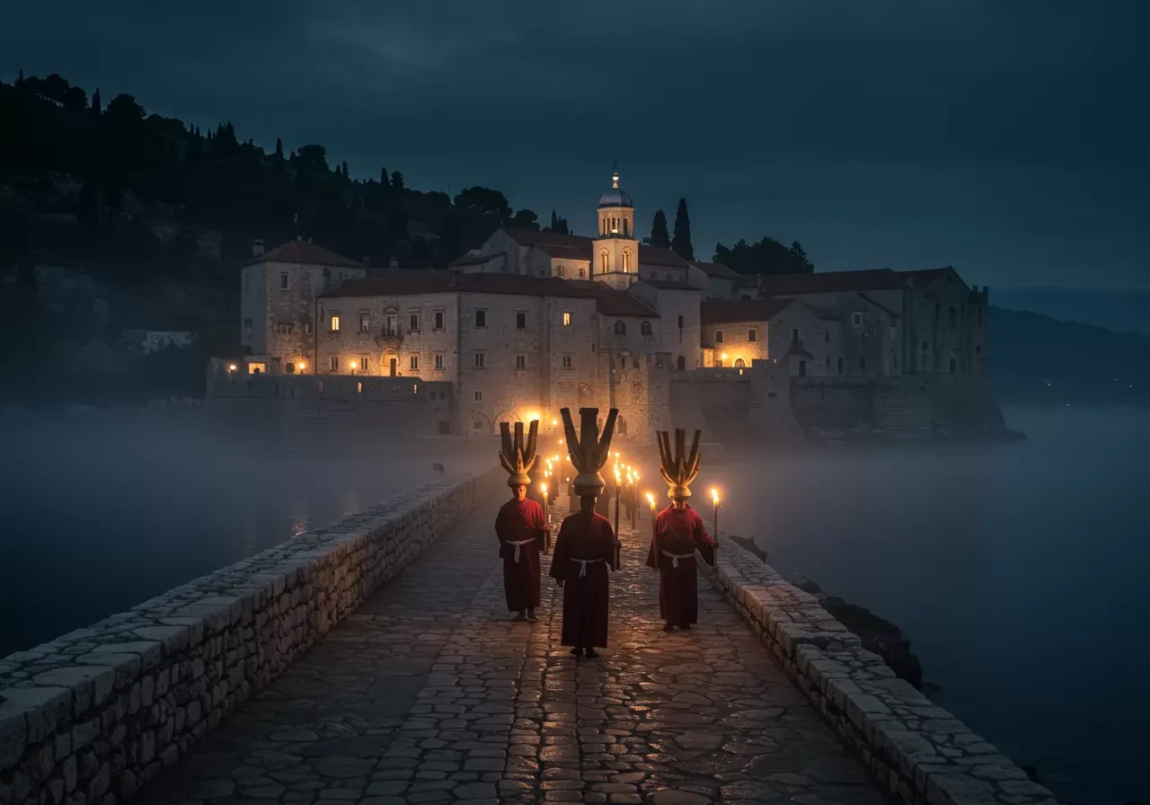 Na obrázku je fotorealistická krajina středověkého benediktinského kláštera na ostrově Lokrum v noci, kde mniši nesoucí svíčky vzhůru nohama chodí po ostrově v tajemné a temné atmosféře plné mlhy a stínů.