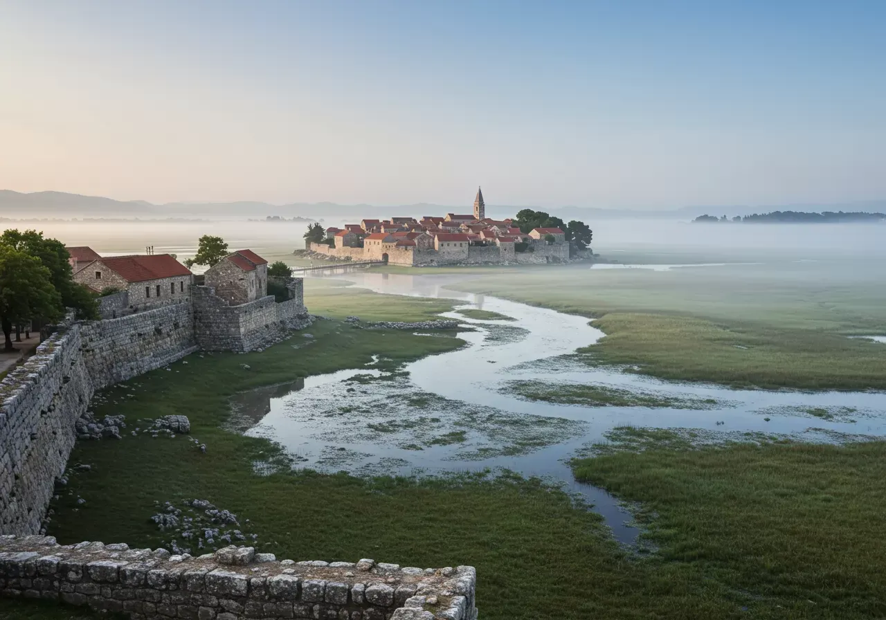 Na obrázku je fotorealistická krajina starověkého města Nin ve formátu 4:3, obklopeného lagunou a bažinami s bahnitými mělčinami, které zadržují nepřátelské vojáky před dosažením městských hradeb za mlhavého ranního světla.