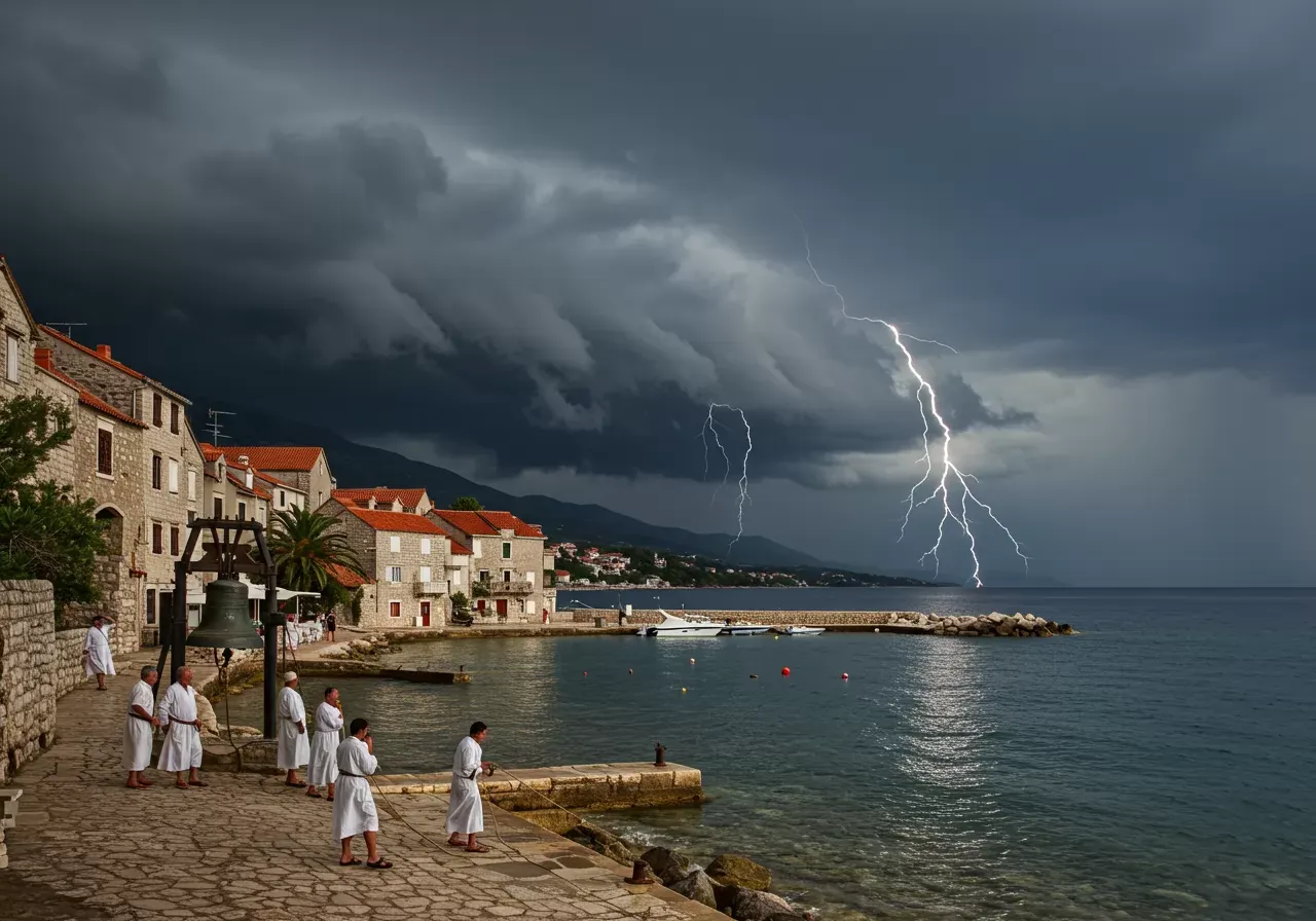 Na obrázku je fotorealistická krajina zobrazující bouřlivou vesnici na pobřeží Jaderského moře s tmavými mraky sbíhajícími se nad obzorem, vesničany zvonícími na velké kostelní zvony u pobřeží, aby odvrátili bouři, a dramatické nebe a moře.