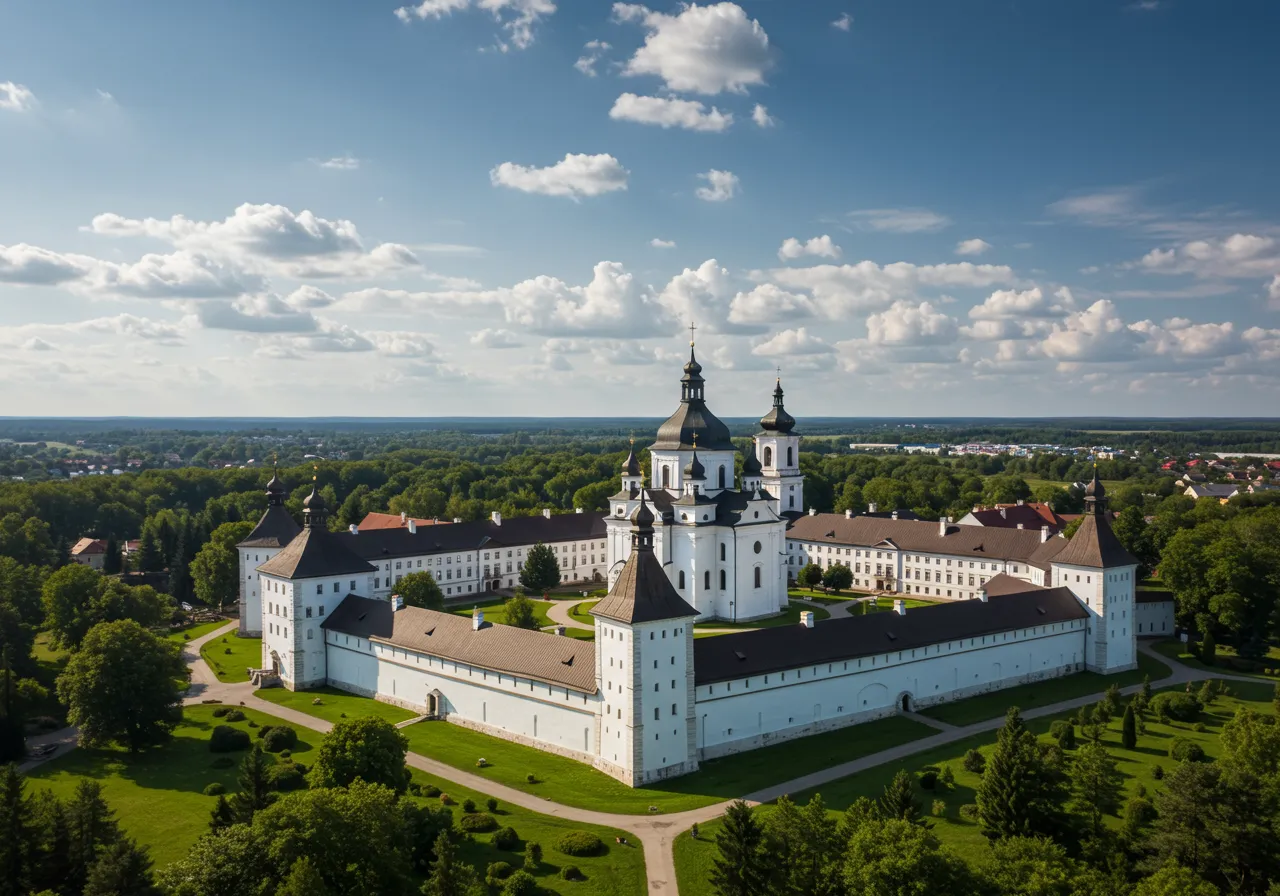 Na obrázku je fotorealistický pohled na klášter Zaostrog Panny Marie, rozsáhlý komplex s bílými zdmi, situovaný v malebné krajině.