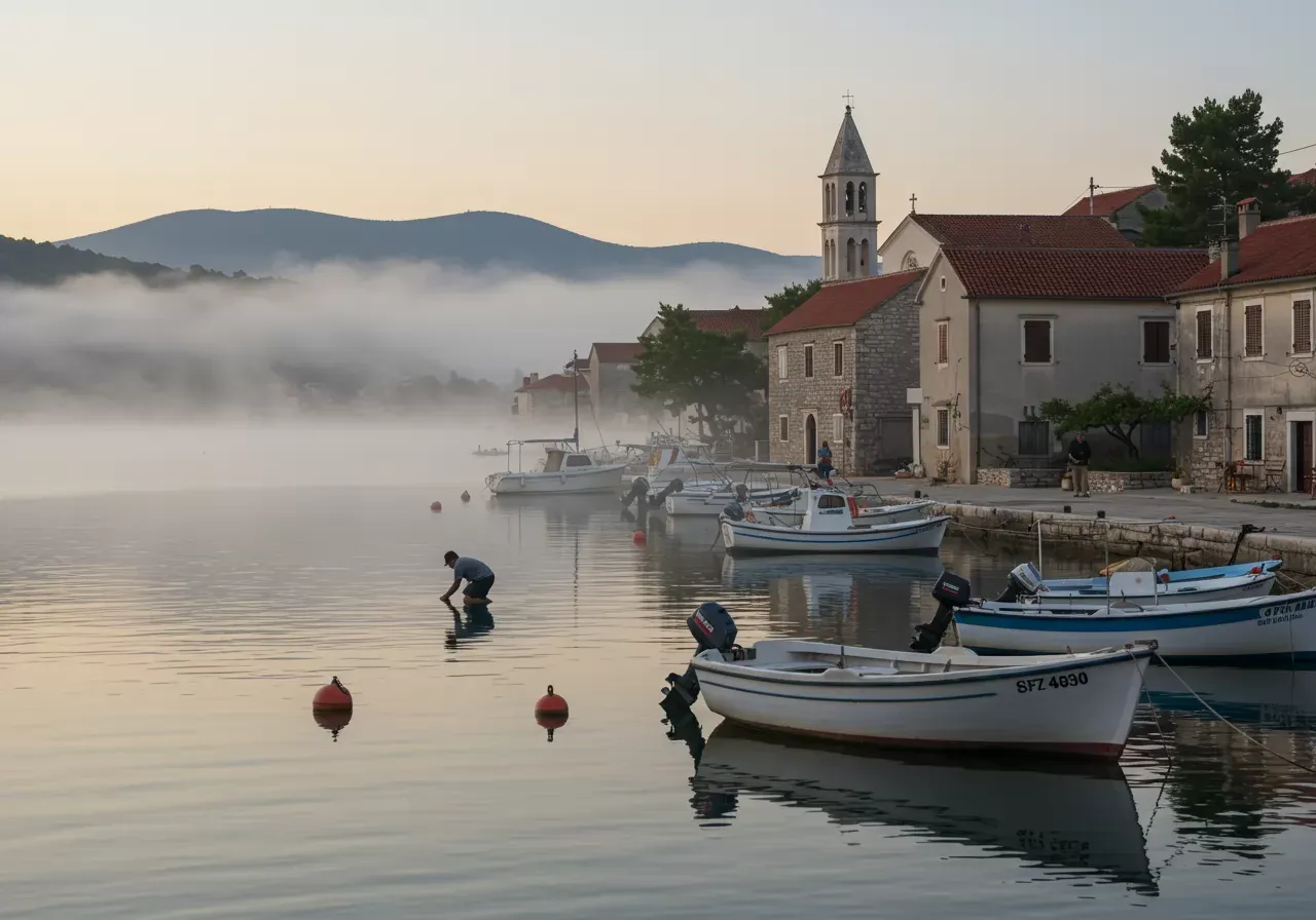Na obrázku je fotorealistický krajinný obraz klidného přístavu rybářské vesnice na Jadranu za úsvitu, kde rybáři připravují své lodě a v pozadí jsou kostelní zvony signalizující začátek pracovního dne, přičemž nad vodou se vznáší mlha.