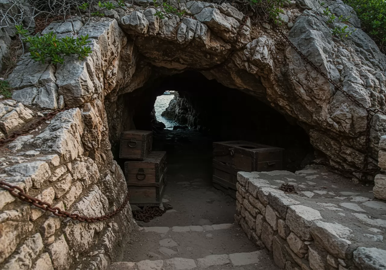 Na obrázku je fotorealistická krajina středověkého pirátského úkrytu v jeskyni na ostrově v Jaderském moři s drsným skalnatým vchodem, starými dřevěnými truhlami a řetězy, tmavými stíny uvnitř, poblíž moře s malými loďkami a historickou atmosférou při západu slunce.