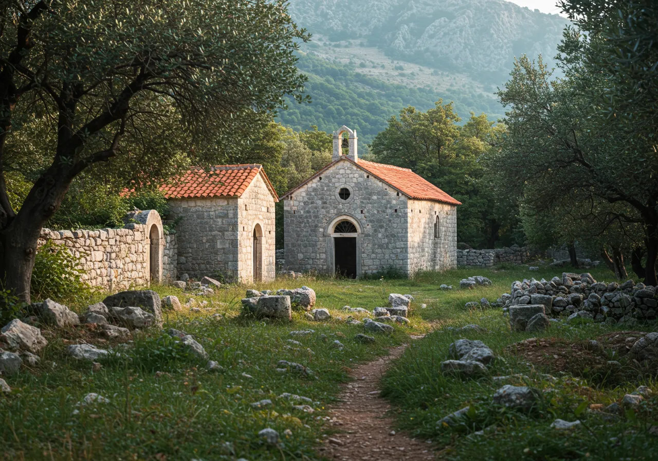 Na obrázku je fotorealistická krajina zarostlých ruín zaniklých kaplí a pousteven u Zaostrogu, skrytých mezi olivovými háji a skalními škvírami Biokova za jemného přirozeného světla, která vyvolává pocit tiché tajemnosti a starodávné historie.