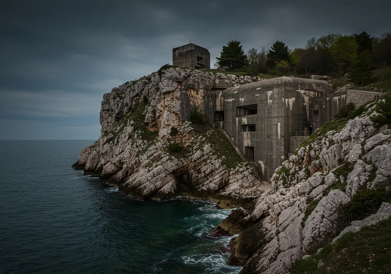 Na obrázku je fotorealistický obraz krajiny o rozlišení 640x480 a poměru stran 4:3, zobrazující ARK Vela Glava, masivní betonový bunkr vytesaný do vápencových útesů poblíž Komiže, s drsným skalním masivem a nenápadně integrovanou skrytou vojenskou architekturou osvětlenou v ponuré atmos.