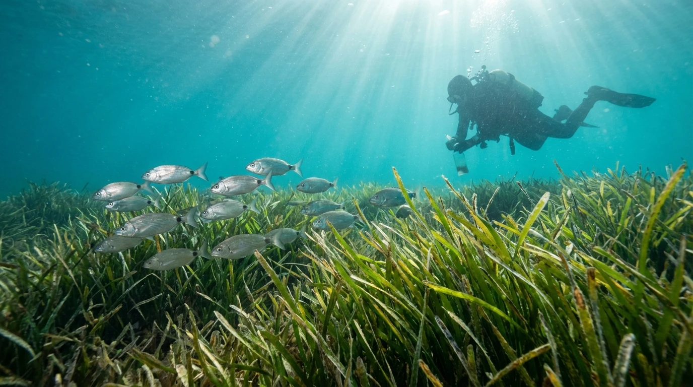 Podmořská louka Posidonia oceanica v Jaderském moři s proplouvajícími rybami a potápěčem v pozadí