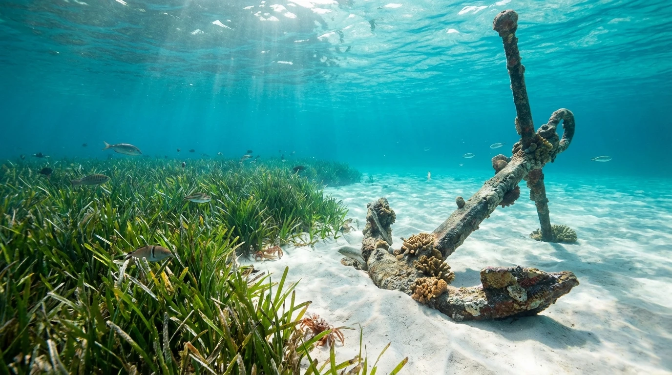 Správné kotvení na písku mimo porosty chráněné mořské trávy Posidonia oceanica