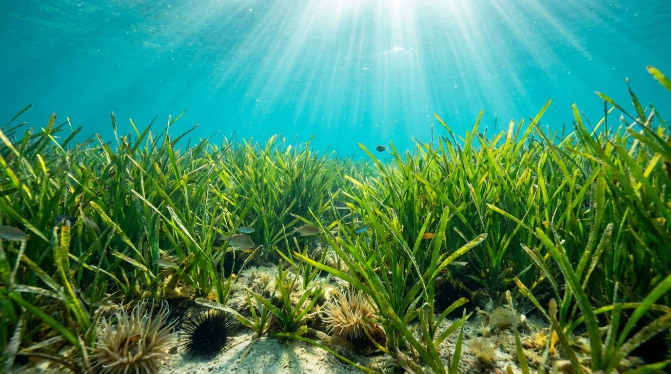 Podmořská louka kvetoucí rostliny Posidonia oceanica v průzračné vodě Jaderského moře