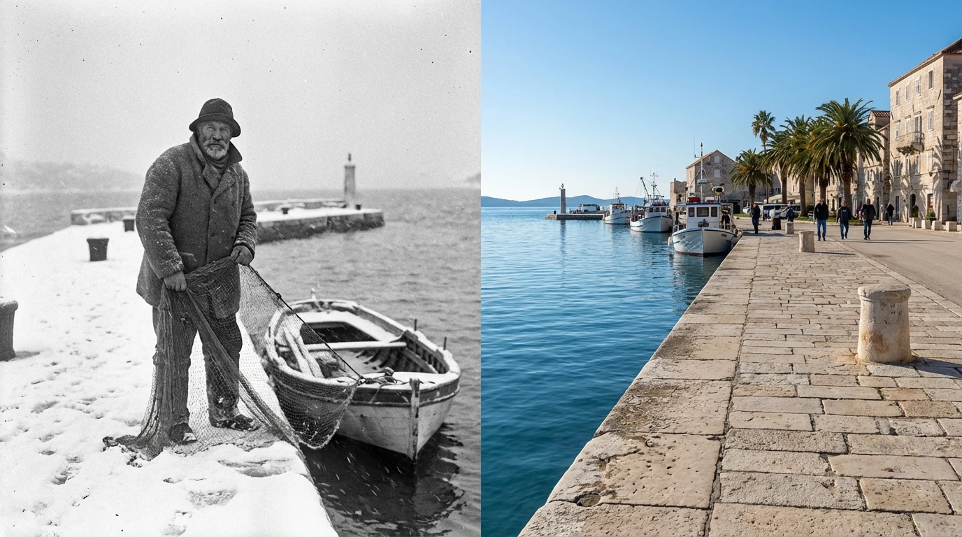 Srovnání historické tuhé zimy na Jadranu s dnešním mírným klimatem