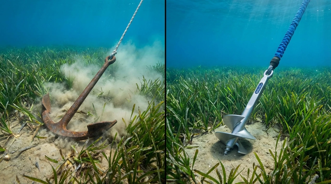 Porovnání destruktivního vlivu klasické pluhové kotvy na mořské dno oproti šetrnému designu moderní vrutové kotvy v porostu Posidonia oceanica.