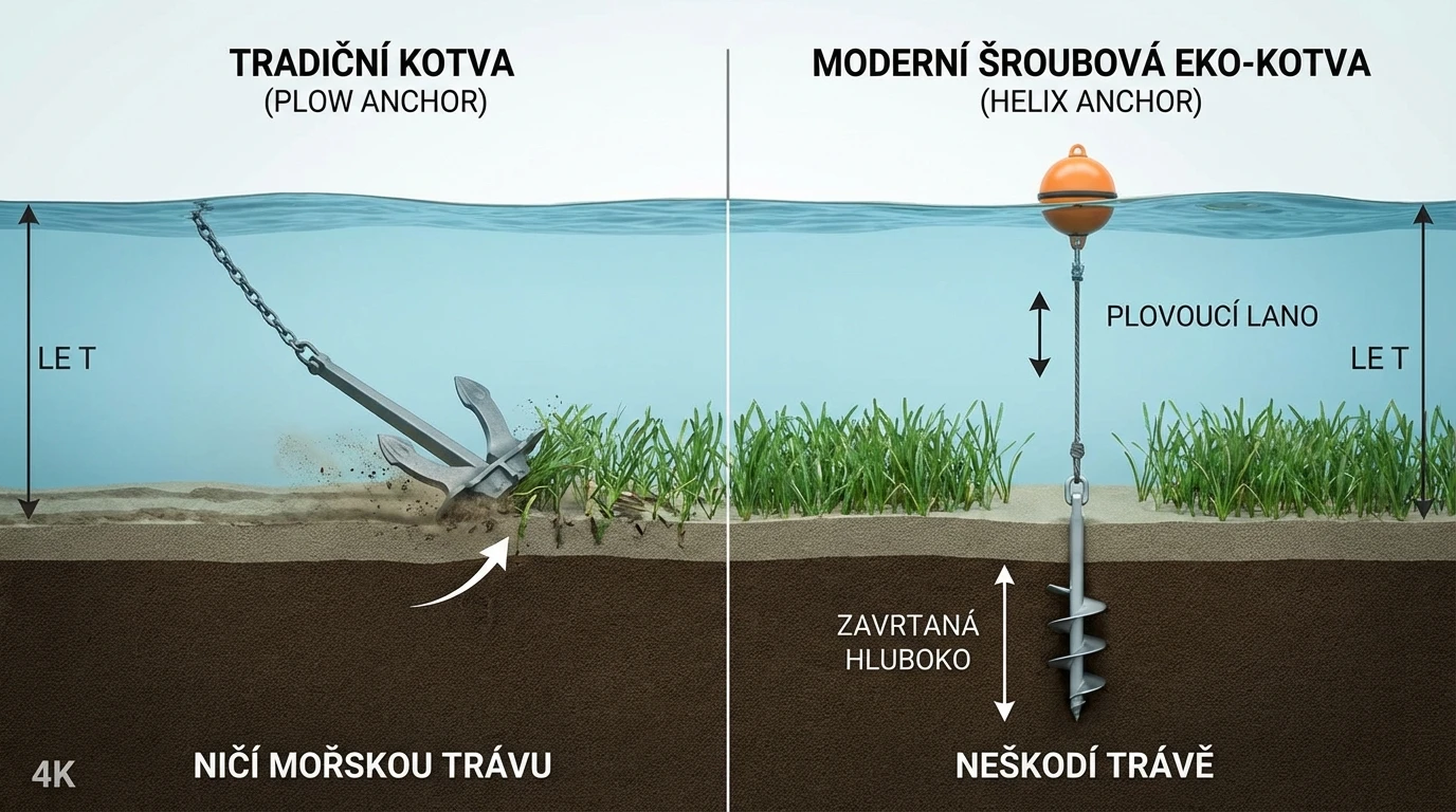 Infografika srovnávající dopad tradiční pluhové kotvy a šetrné šroubové kotvy na mořské dno a porost Posidonie