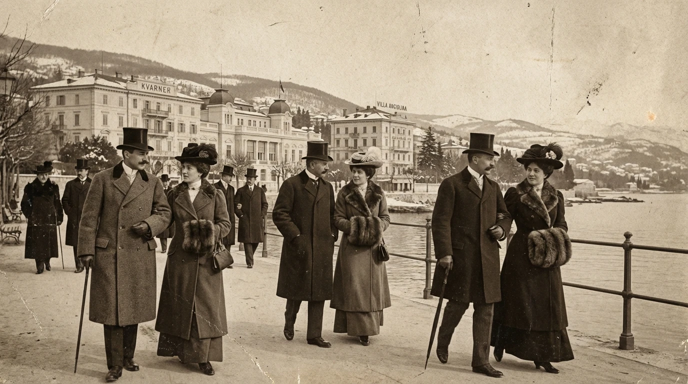 Dobová fotografie šlechty na promenádě v Opatiji během zimní sezóny na počátku 20. století